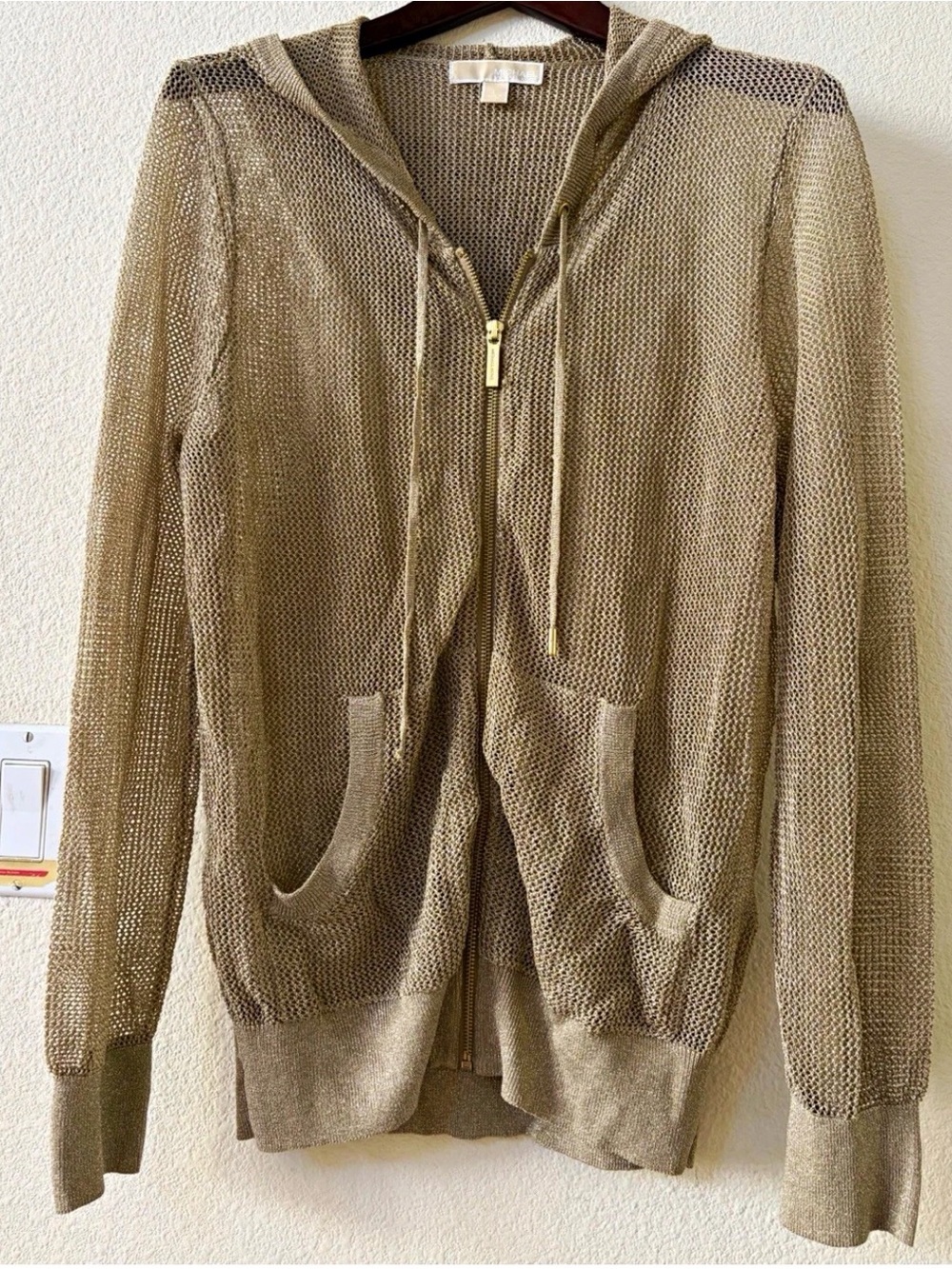 Michael Kors Women's Metallic Gold Open Knit Hooded Zip Cardigan Shimmer L